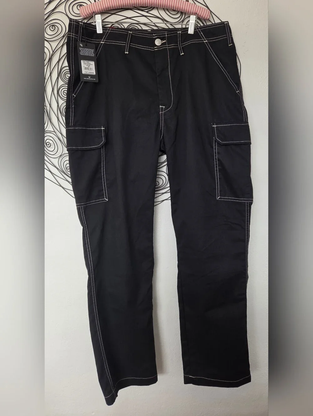 NWT True Religion Men's Cargo Pants  36x32 Black Contrast Stitch Straight Leg